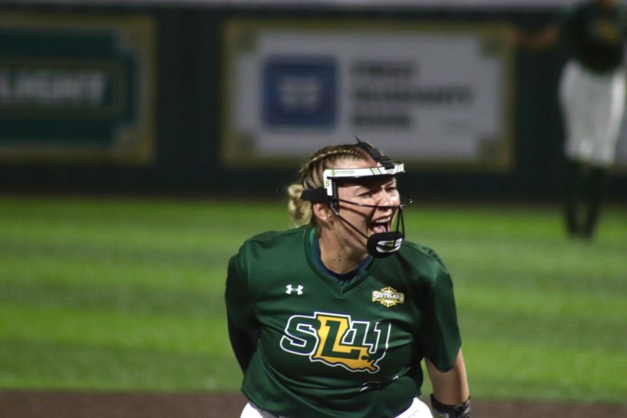 Senior pitcher KK Ladner fired up during SLUs 4-2 victory over ULM on Wednesday night at North Oak Park. (March 22, 2023)