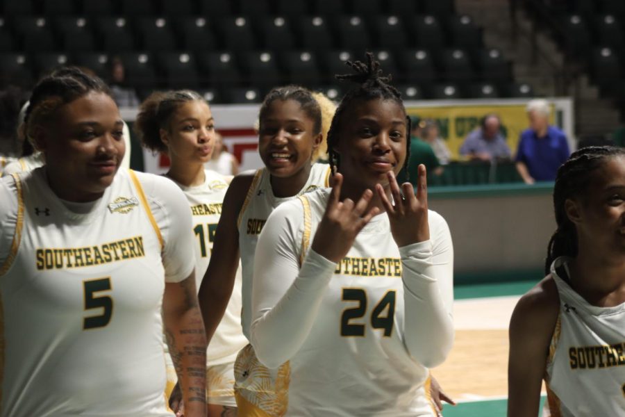 The Lady Lions looking confident after their dominant victory against McNeese at the University Center on Saturday (Feb. 25, 2023). Pictured from left to right: Taylor Bell (#5), Daija Harvey (#15), Alexius Horne (#31), Dijone Flowers (#24) and Jen Pierre (#1). 