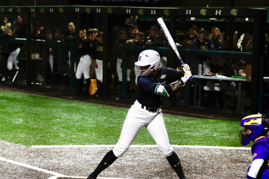 Junior designated player Audrey Greely stepped up to bat before smacking a double down the right field line against LSU at North Oak Park Wednesday night. (March 15, 2023)
