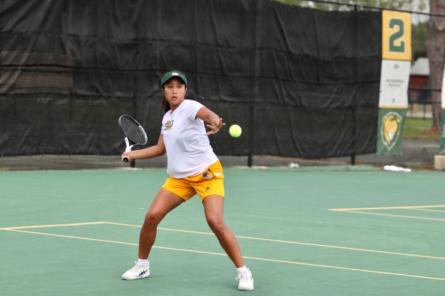 Senior tennis player Putri Insani in action during SLUs 7-0 over Bradley on Saturday at the Southeastern Tennis Complex. (March 11, 2023)