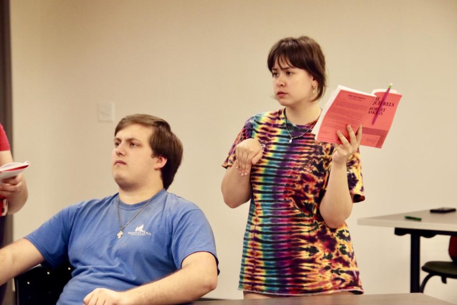 Hunter Tatman, a sophomore integrative biology major and Brianne Leedy, a freshman theater major, took on their roles as Scurius and Rodentia during a rehearsal for a production of “The Squirrels.” 