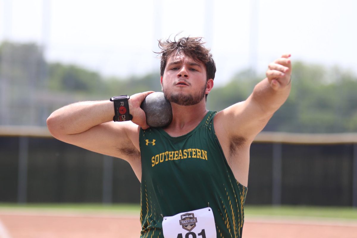 Sophomore Micah Miller focuses for his final throw at the Southland Outdoor Conference Meet. 