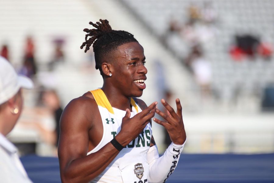 Junior+hurdler+Olu+Ogunyemi+celebrates+after+achieving+a+personal+best+in+the+110m+hurdlers+at+the+Southland+Outdoor+Conference+Championships+in+Commerce%2C+Texas.+%28May+6%2C+2023%29