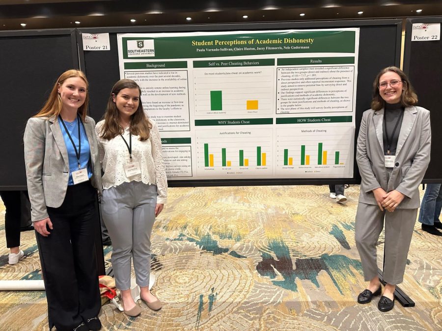 The three psychology students standing in front of their inforgraphic at the Southewestern Psychological Association Annual Convention. 