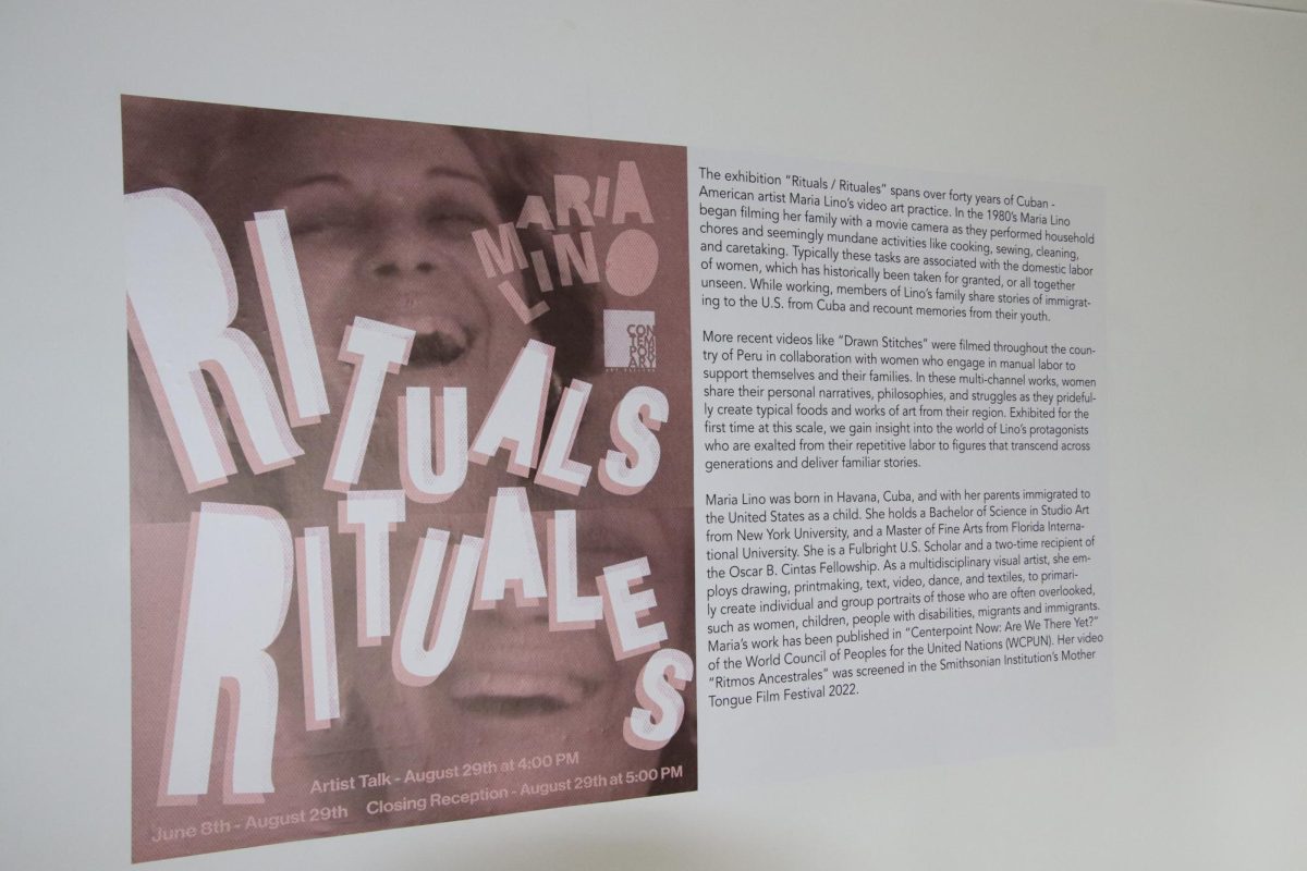 An informational poster of Maria Linos art exhibit Rituals/Rituales located in the Contemporary Art Gallery.