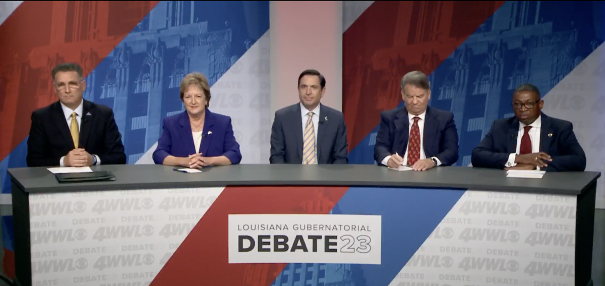 In a screenshot from WWL-TVs Facebook, five of the seven candidates participated in the first of four gubernatorial debates for the 2023. election.