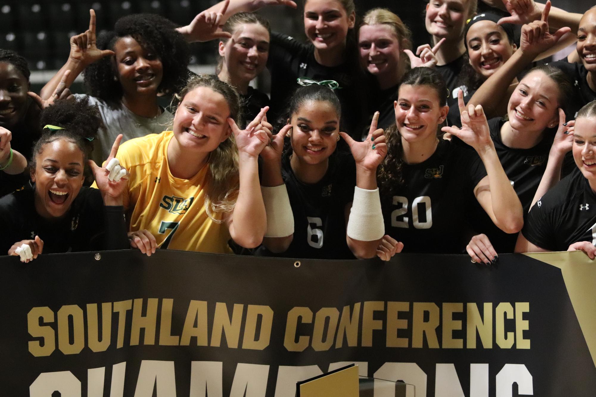 Lady Lions celebrate their first Southland Conference regular season title in school history at the Pride Roofing University Center following their  3-0 sweep of Lamar. (Nov. 9, 2023 - Hammond)