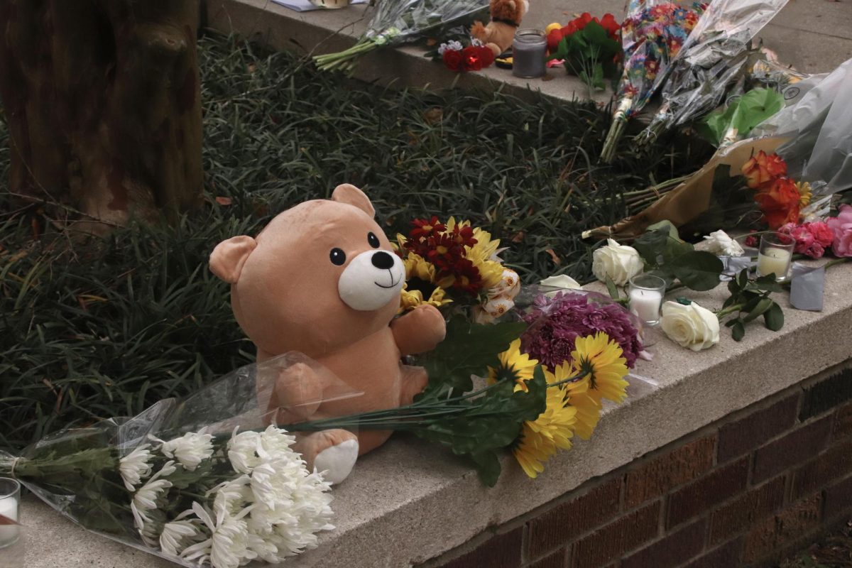 A teddy bear and flowers were placed near the scene of the incident, honoring the students passing. Nov. 29, 2023 