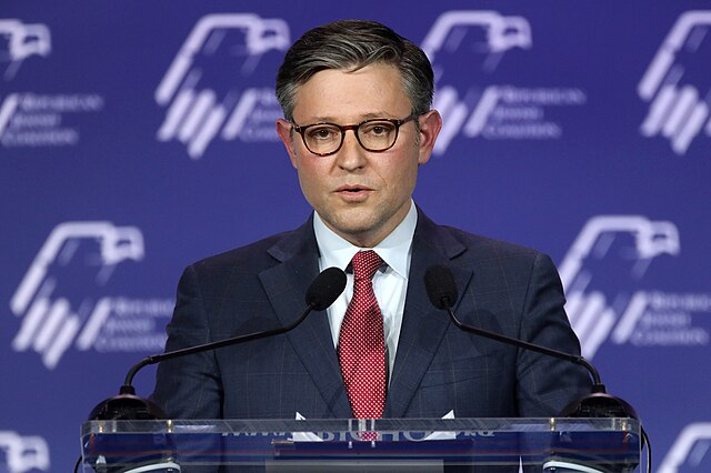 Speaker of the House Mike Johnson speaking at the Republican Jewish Coalition's 2023 Annual Leadership Summit at the Venetian Convention & Expo Center in Las Vegas, Nevada.