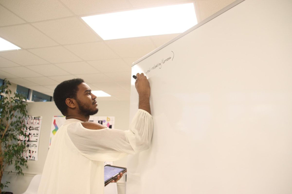 Sophomore Nursing major Kasey Williams, works out problems on the whiteboard in Tinsley Learning Center.