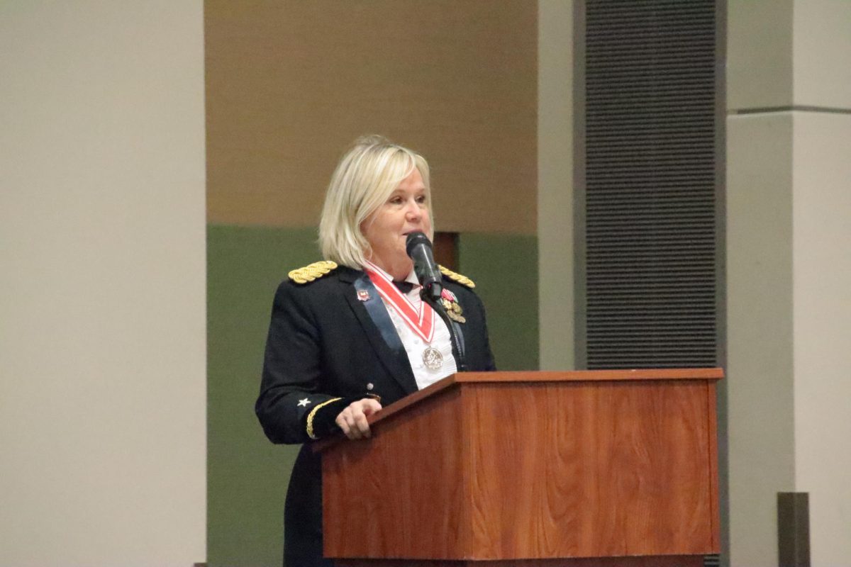 Brigadier General Cindy Haygood delivers her speech during Southeasterns and Southerns Joint Army ROTC Military Ball. 