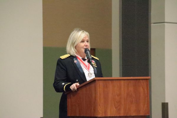 Brigadier General Cindy Haygood delivers her speech during Southeasterns and Southerns Joint Army ROTC Military Ball. 