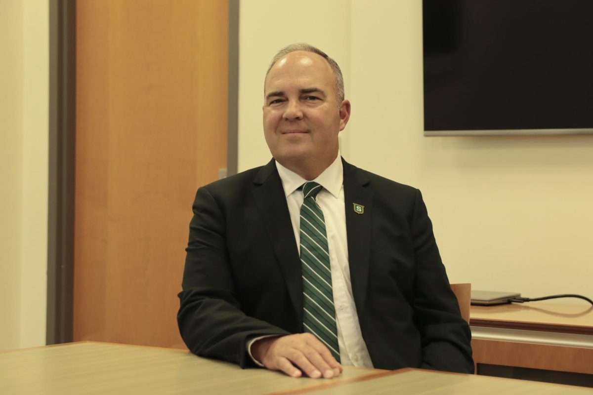 SLU President Dr. William Wainwright attends an interview in the Student Union Green Room after sitting in on a 2024 student orientation program. 