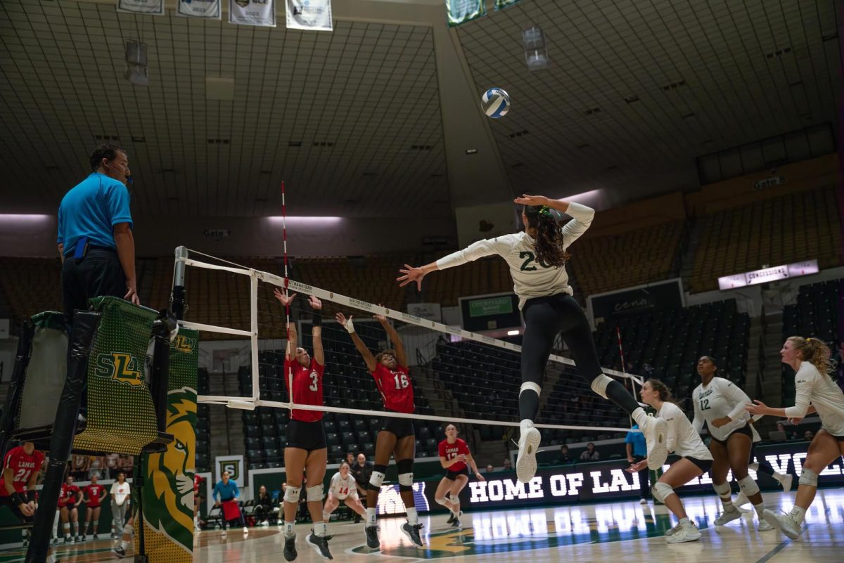 Senior outside hitter Cicily Hidalgo rises up for a spike attempt against Lamar University in the Pride Roofing University Center. (Hammond - Sept. 26, 2024) 