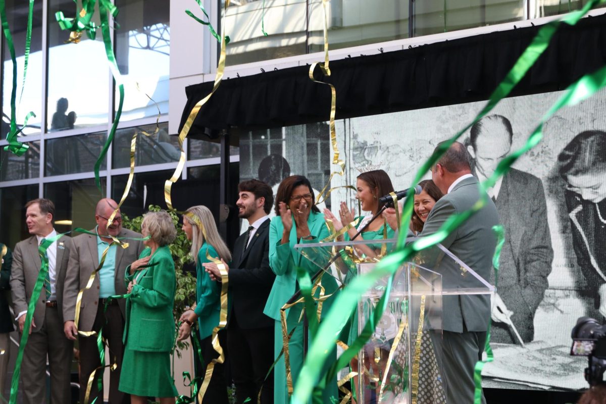 Distinguished guests and university administration gathered together on stage Tues., Oct. 1, for the Centennial Celebration Launch in the Student Union Breezeway. 