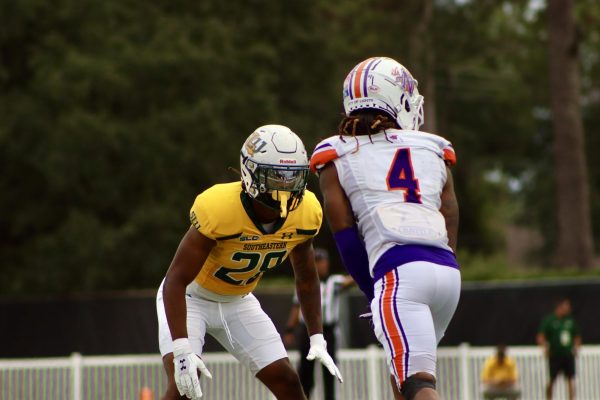 Redshirt freshman defensive back Mike Mitchell lines up against Northwestern wide receiver Ke'Nard King in the Lions' shutout victory over the Demons. (Hammond, La. - Saturday, Nov. 9, 2024)