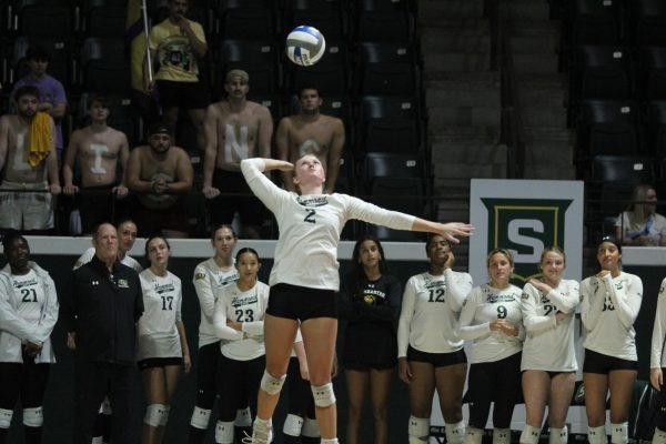 Senior middle hitter Hannah Brewer serves up the ball against conference rival Lamar (Hammond, La. - Thursday, Sept. 26, 2024)