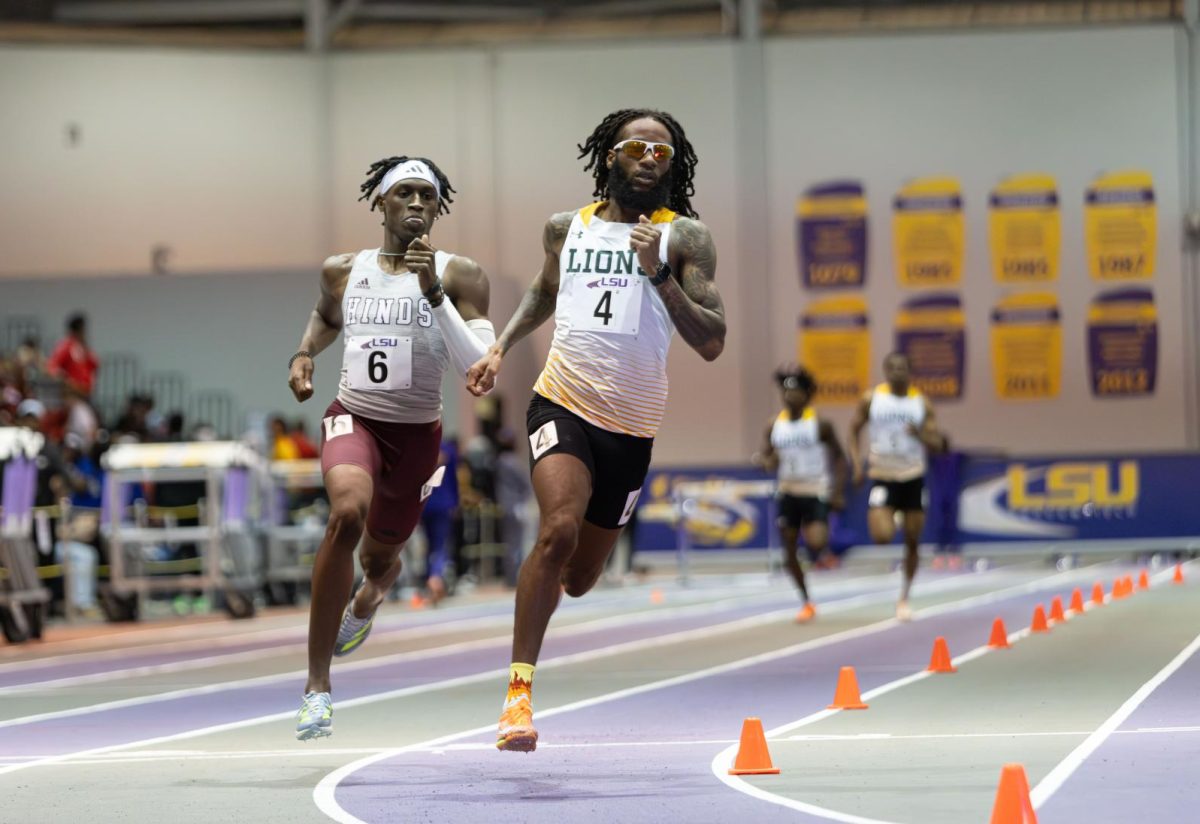 Senior middle-distance runner Javon-Taye Williams finishes strong and secures first place in men’s 600 meters while setting a personal record of 1:19.33 at the LSU Purple Tiger meet on Friday, Jan. 17. 