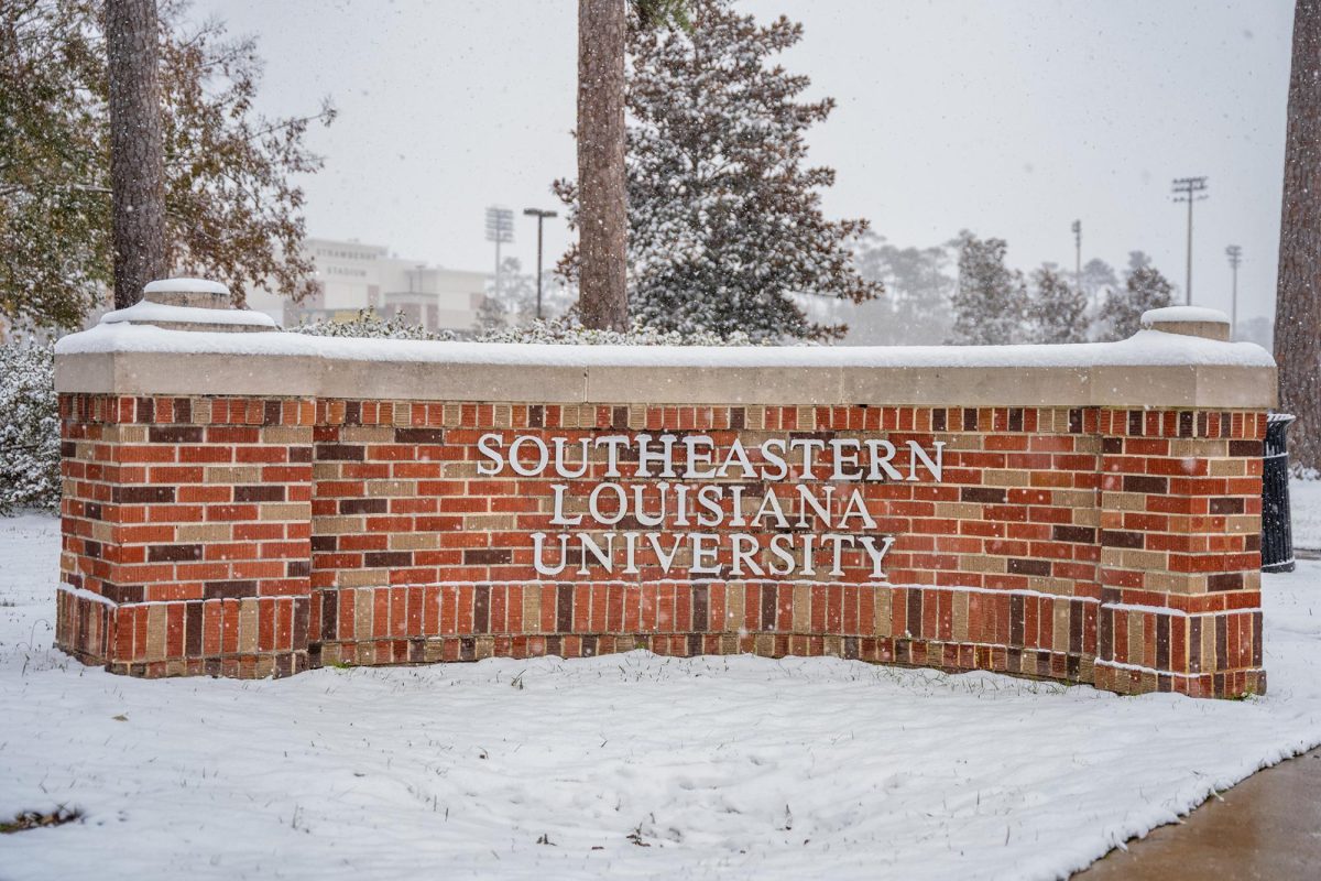 Students were greeted with the red brick Southeastern sign fluffed with snow.