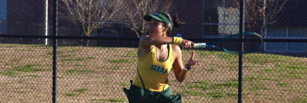 Junior Pantchakorn "Fresh" Suanarsa sends the ball rocketing back over the net during her singles match against Dillard. (Hammond, La. - Saturday, Feb. 1, 2025)