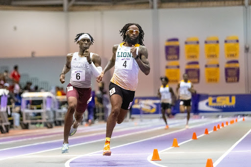 Senior middle-distance runner Javon-Taye Williams finishes strong and secures first place in men’s 600 meters while setting a personal record of 1:19.33 at the LSU Purple Tiger meet on Friday, Jan. 17. 