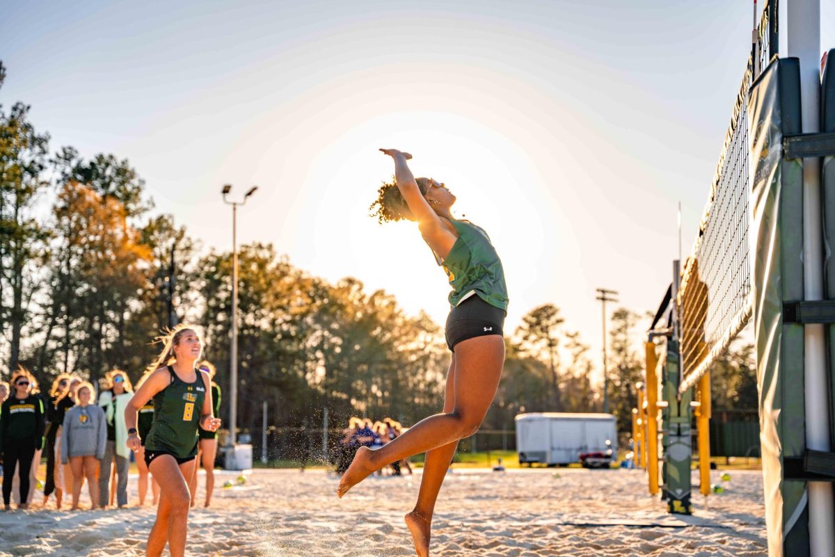 Senior Makayla Hick jumps for the spike to secure the lead against Mcneese. 