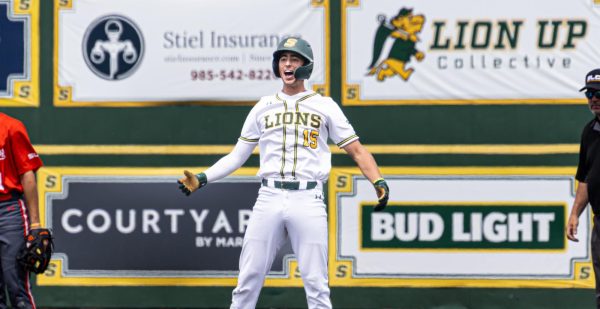 Senior SLU shortstop TJ Salvaggio roars in celebration during the Lion's game against UTRGV. (Hammond, La. - Pat Kennelly Diamond at Alumni Field, April 19, 2025)