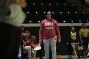 Former Head Coach Ayla Guzzardo directs her squad during the Lady Lions' match against UNO. (Hammond, La - University Center, Feb. 6, 2025)