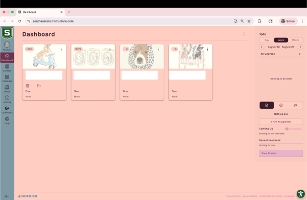 A light pink and slightly darker pink computer screen shows a Canvas dashboard with four course cards featuring cartoon dogs and assignment information. The first card displays a cartoon corgi on a scooter, "100%," Due" and a document icon. The second card shows candles, "~%" and "Due". The third card has a cartoon dog wearing a scarf, "~%" and "Due." The fourth card depicts cartoon dogs on a chair, "~%" and "Due." A dark pink sidebar on the left provides navigation. On the right, a "Todo" list indicates "Nothing to do here!" and the date is August 18 - August 24.