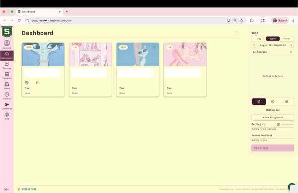 A light yellow and pink computer screen shows a Canvas dashboard with four course cards displaying cartoon illustrations and assignment information. The first and third cards feature cartoon cats in front of blue backgrounds, with the text "100%" and "Due" with a document icon below. The second card has cartoon shoes and the text "~%" and "Due". The fourth card shows pink cartoon shoes and a purse, with the text "~%" and "Due". A sidebar on the left has navigation icons for Account, Dashboard, Courses, Calendar, Inbox, History, Commons and Help. On the right, a "Todo" list indicates "Nothing to do here!". The date is set to August 18 - August 24.