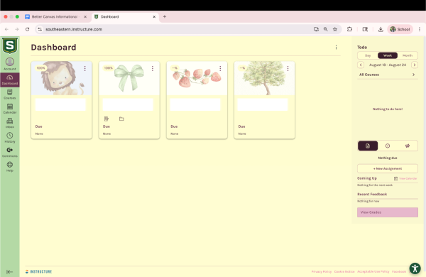 A light yellow and pink computer screen displays a Canvas dashboard with four course cards, each featuring a watercolor-style illustration and assignment details. The first card shows a watercolor lion and the text "100%" and "Due" with a document icon. The second card has a light green watercolor ribbon, "100%" and "Due" with a document icon. The third card depicts watercolor strawberries, "~% " and "Due". The fourth card shows a watercolor tree, "~%" and "Due". A light green sidebar on the left provides navigation. On the right, a "Todo" list indicates "Nothing to do here!" and the date is August 18 - August 24.