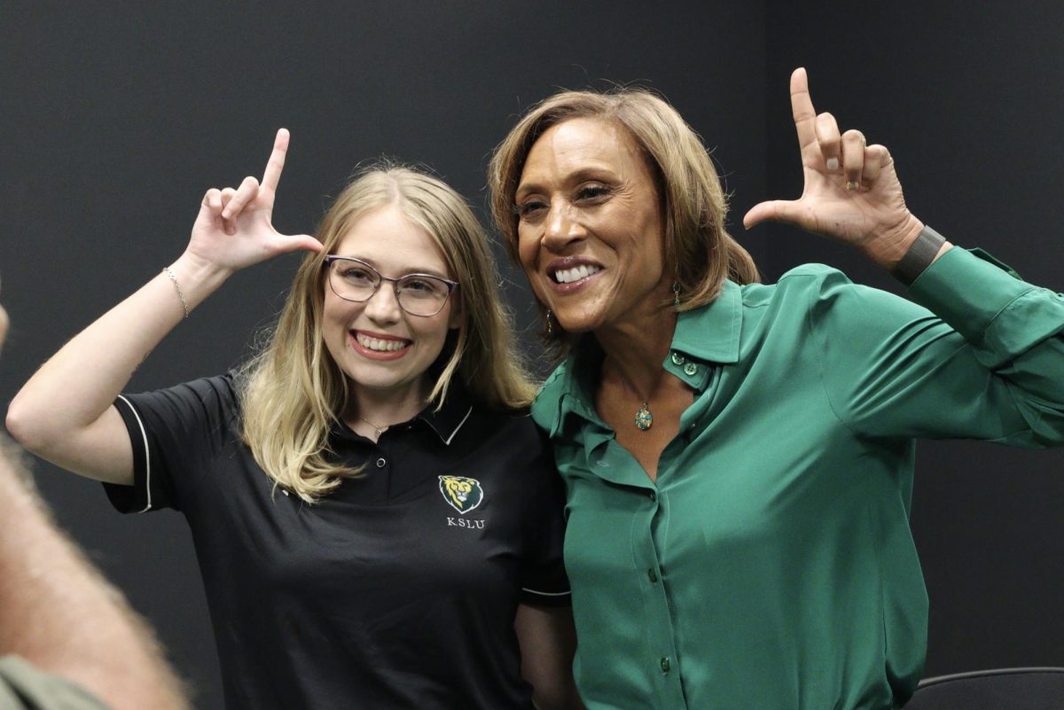 KSLU's Darci Lourigan interviews Robin Roberts during her tour of the newly-renovated D Vickers tour.