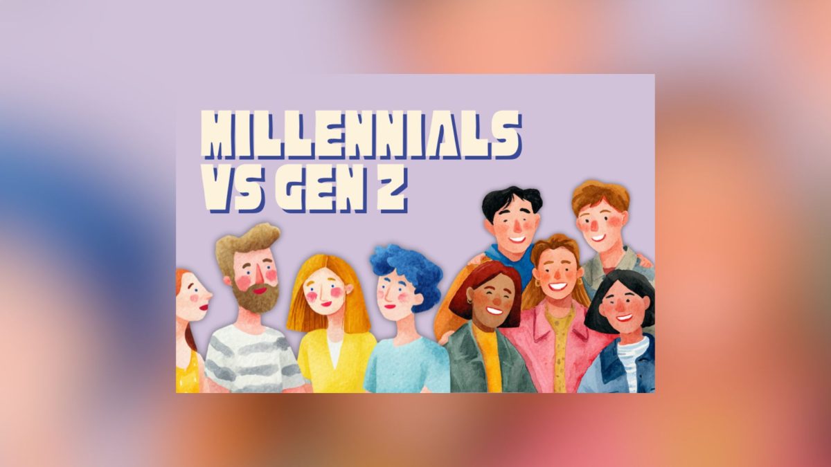 the words millennials vs gen z on a poster with multicolored people