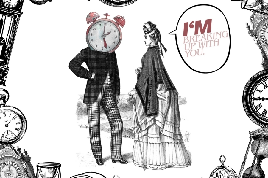 a man with a clock head and a woman saying "im breaking up with you"