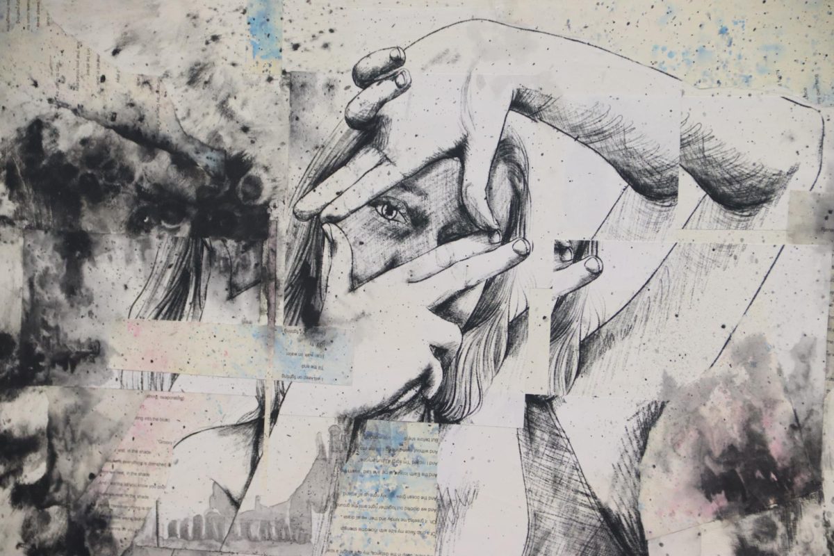 A black-and-white art piece featuring a person looking through a rectangle formed by their fingers.
