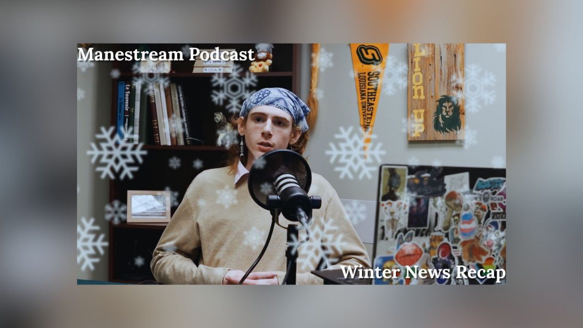 the words manestream podcast winter news recap with a snowflakes in the background