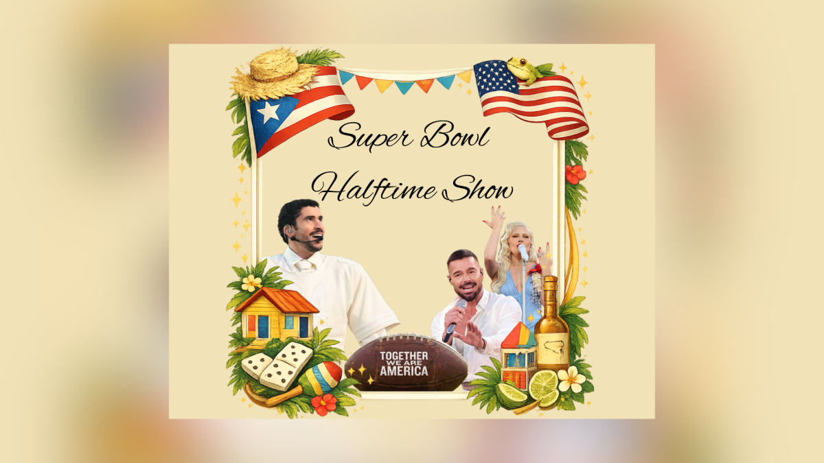 the words super bowl halftime show on a poster with 3 singers