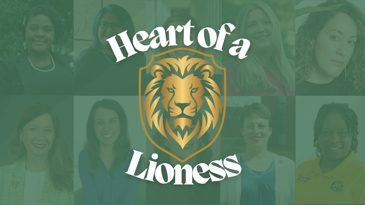 the words heart of a lioness on a poster with a green background and people in the back