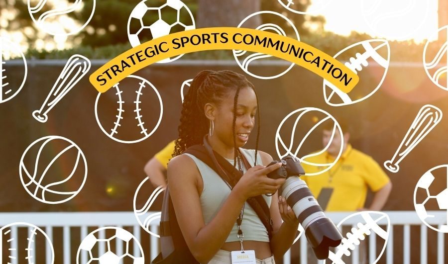 a poster of a woman using a camera with the words strategic sports communication on it